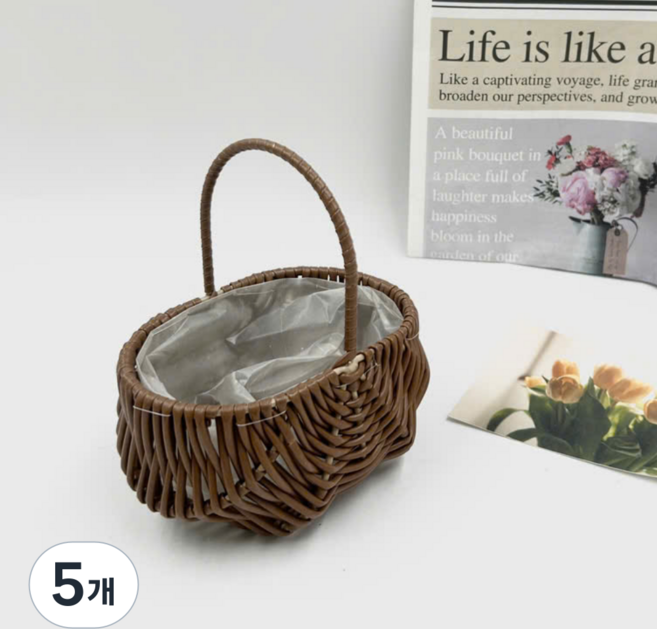 히스홈 미니 라탄 꽃 바구니 꽃꽂이 공예, 5개, 브라운