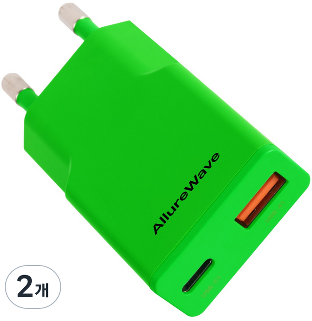 얼루어웨이브 초슬림 Gan PD3.0 PPS 30W 2포트 C타입 초고속 충전기 듀얼 포트 어댑터, 2개, 그린