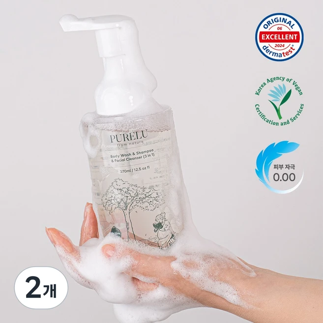 퓨어루 유아용 바디워시&샴푸&폼클렌저 3in1 올인원클렌저, 370ml, 2개 - 쿠팡