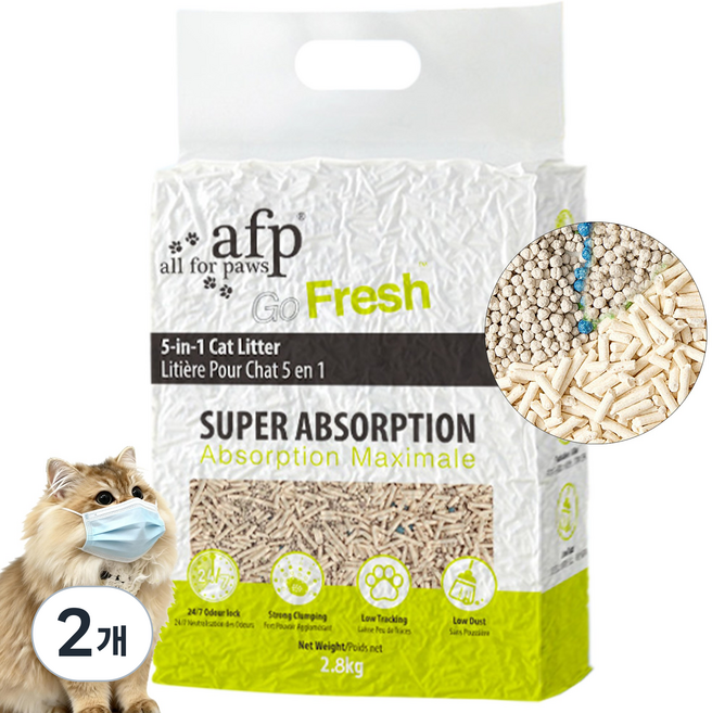 All For Paws 고양이 6in1 혼합 두부모래 2.8kg 1.5mm 가는입자 변기에 버리는 탈취 냄새 먼지없는 모래, 2개, 6L, 오리지날향