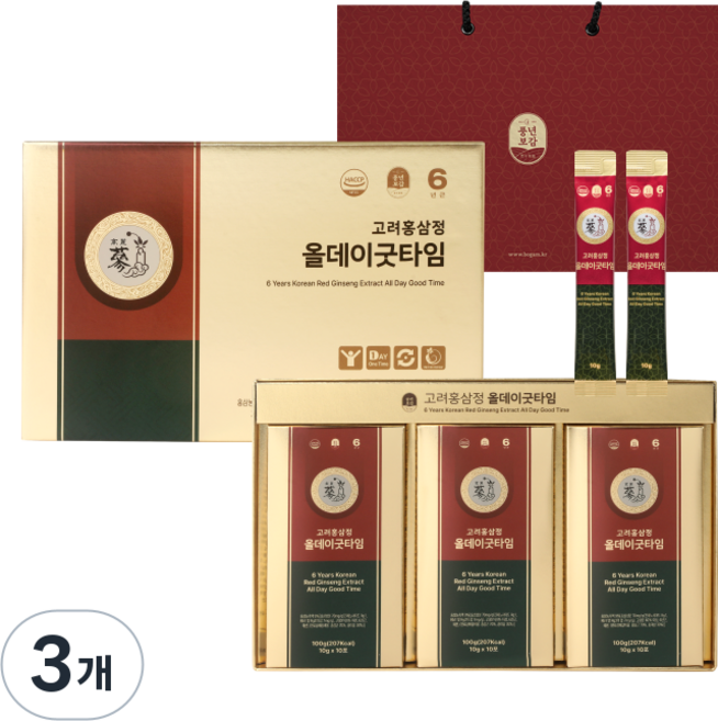 풍년보감 6년근 고려홍삼정 진액 올데이굿타임 홍삼스틱 선물세트 + 쇼핑백, 300g, 3개