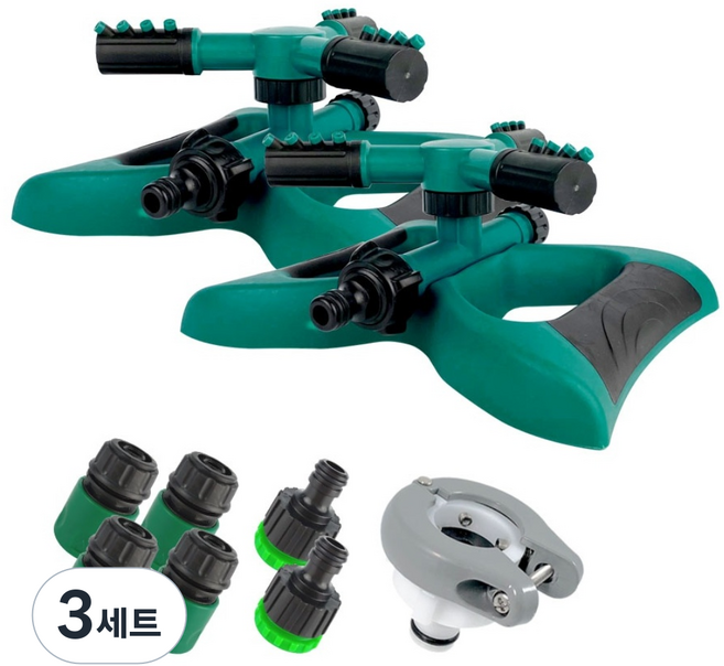 잔디 자동 360도 회전 분사기 스프링클러 2개 + 원터치 커넥터 4개 + 암나사 연결구 2개 + 수도 급수 캡 1개, 3세트, 그린