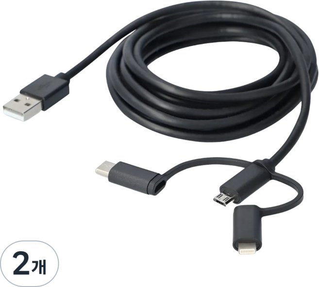 플라잉타이거 코펜하겐 3M 3in1 충전 케이블 다용도 멀티 USB 5핀 8핀 c타입, 2개, 블랙, 300cm