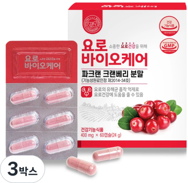 요로건강 파크랜 크랜베리 영양제 유해균 흡착 억제 여성 남성 요로바이오케어 400mg 1개월, 3박스, 60정 - 쿠팡