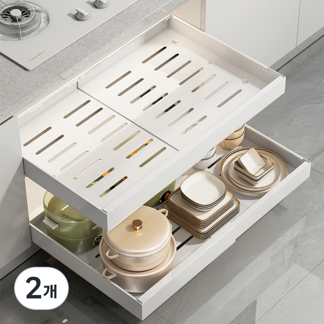 호잉상점 슬라이딩 길이조절 선반 무타공 주방 팬트리 정리함, 2개, 화이트