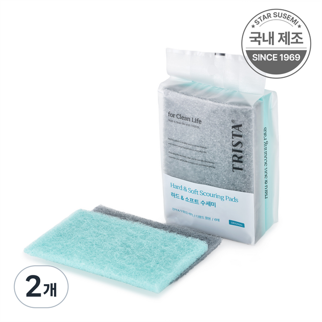 별표수세미 트리스타 프리미엄 하드&소프트 듀얼 주방 수세미 세트 - 무흠집 소프트/강력세정 하드, 2개, 6개입