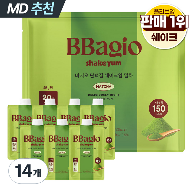 바지오 맛있는 말차초코맛 단백질 쉐이크 고단백 저당 프로틴 프리미엄 단백질 보충제 쉐이크얌 제주 말차맛 보성 말차라떼 식사대용 식단 다이어트 식이섬유, 14개, 45g