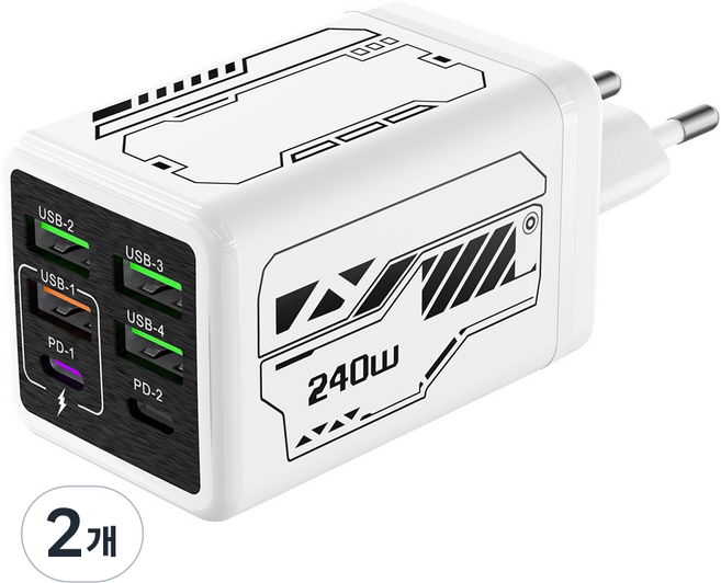 240W 6포트 4USB+2PD 충전 초고속 가정용 충전기 CDT102, 2개, 흰색(충전기102)