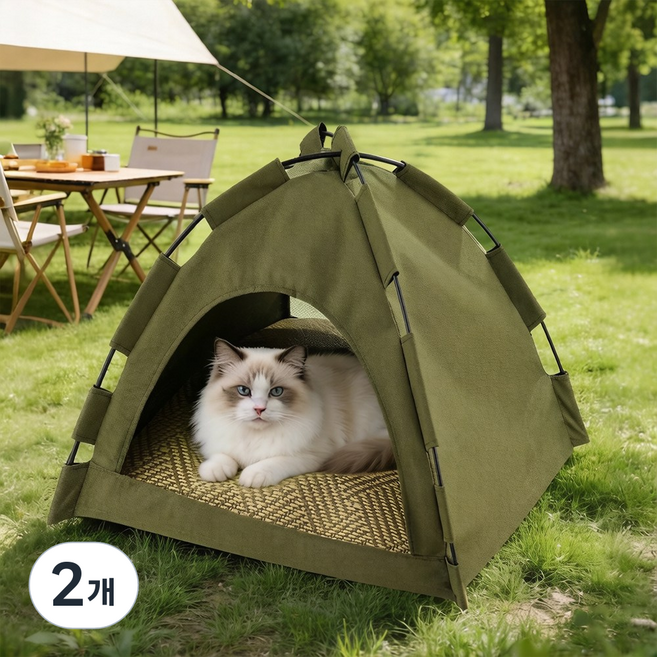 반폐쇄형 고양이 텐트 고양이집 통기성 캠핑 텐트 고양이 침대 사계절용 진공포장, 2개, 카키색