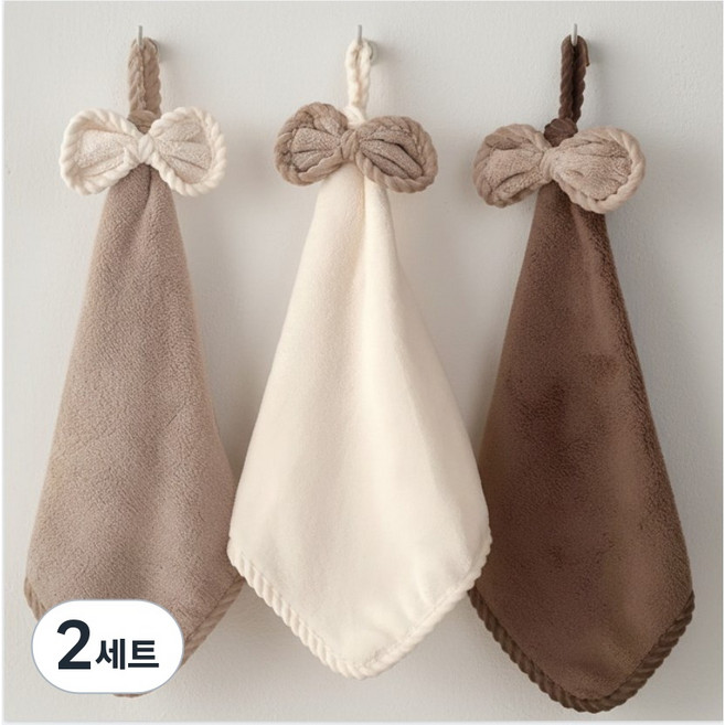 PDG 극세사 리본 주방타올 고리수건, 2세트, 아이보리+베이지+초코