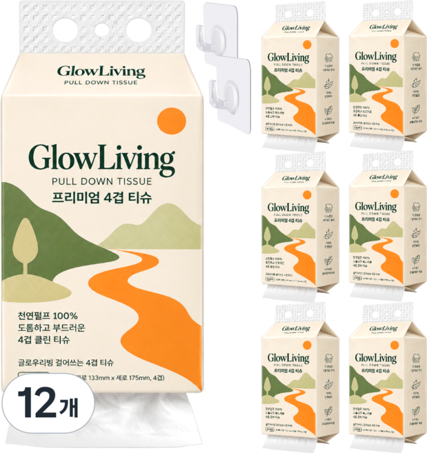 글로우리빙 걸어쓰는 4겹 티슈 뽑아쓰는 벽걸이형 먼지없는 도톰한 화장지, 12개, 230매입