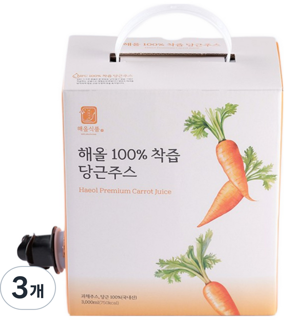 100% 당근만 착즙한 국내산 NFC 해올 당근주스, 3개, 3L