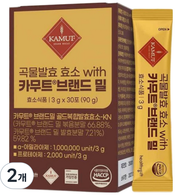 카무트 브랜드 밀 호라산밀 효소 발효 곡물효소 가루 식약처 HACCP 인증 분말 스틱, 90g, 2개