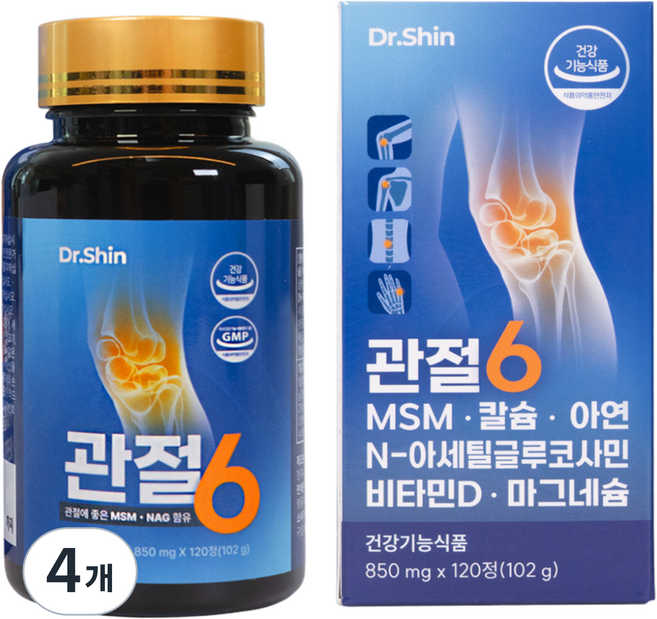 닥터신 관절6 뼈 근육 관절 건강 6in1 영양제 MSM NAG 비타민D 칼슘 마그네슘 아연, 120정, 4개