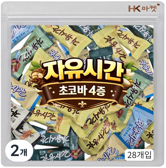 에이치케이마켓 해태 자유시간 미니 초코바 4종 혼합 28개입 (오리지날 쿠키앤크림 밀크 피스타치오), 2개, 230g
