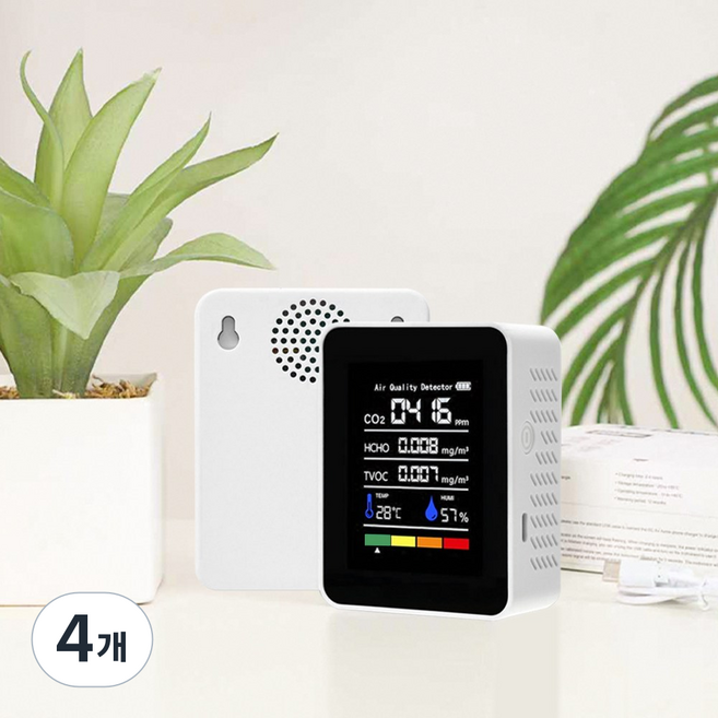 mojoo 공기질측정기 포름알데히드 감지 이산화탄소 경보기 온습도계 TVOC 새집 신가구 건강 선물 다기능 액정화면, 4개, 흰색