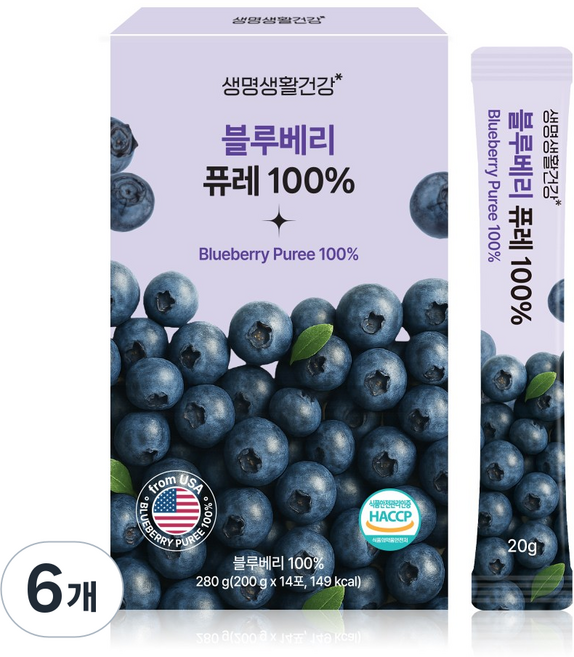 생명생활건강 블루베리 퓨레100% 스틱 14포, 6개, 280g