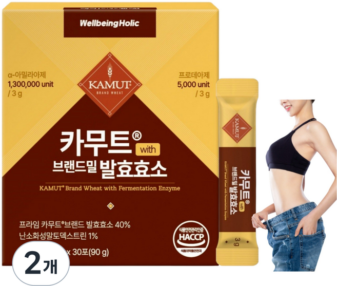 웰빙홀릭 카무트효소 분말 100% 식약청인증 130만 발효효소 골드 곡물 가루 HACCP, 2개, 90g