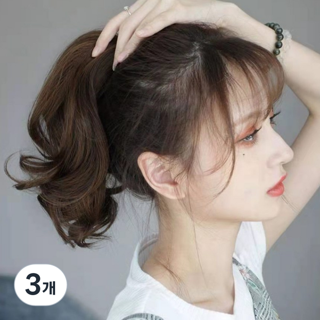 여자 숏레이어드 세팅펌 묶음머리 포니테일 부분가발 집게핀, 내츄럴블랙, 3개