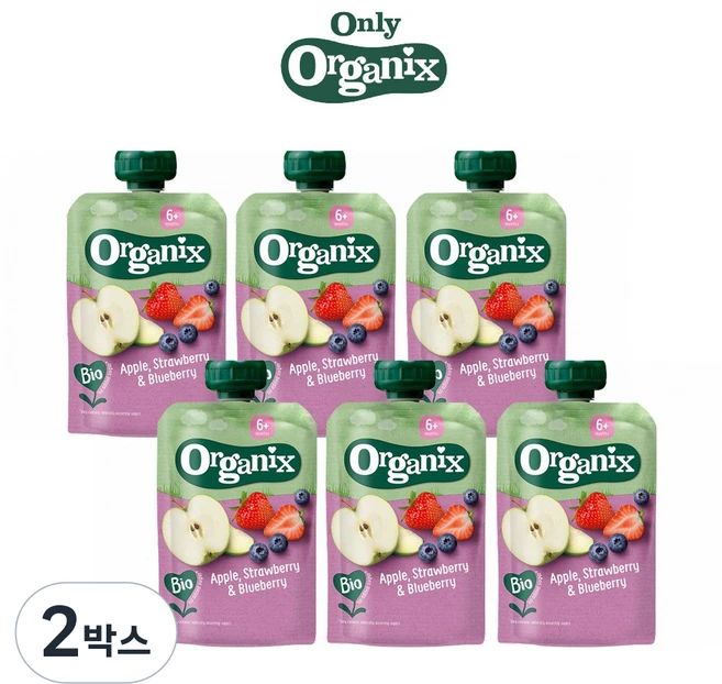 Organix food 퓨레 오가닉스 유기농 고영양 이유식, 사과+딸기+블루베리, 600g, 2박스 - 쿠팡