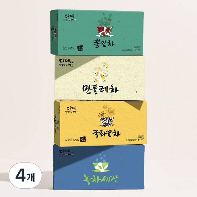 [본사직영] 다예 100%국산 건강한 꽃잎차 티타임 4종(뽕잎차8T+민들레차8T+국화꽃차8T+녹차세작8T), 4개, 32개입, 25.6g