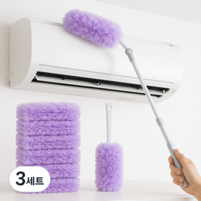 365마미 정전기 흡착 먼지털이 롱 숏 핸들+리필 20장 양면 먼지떨이, 3세트, 퍼플