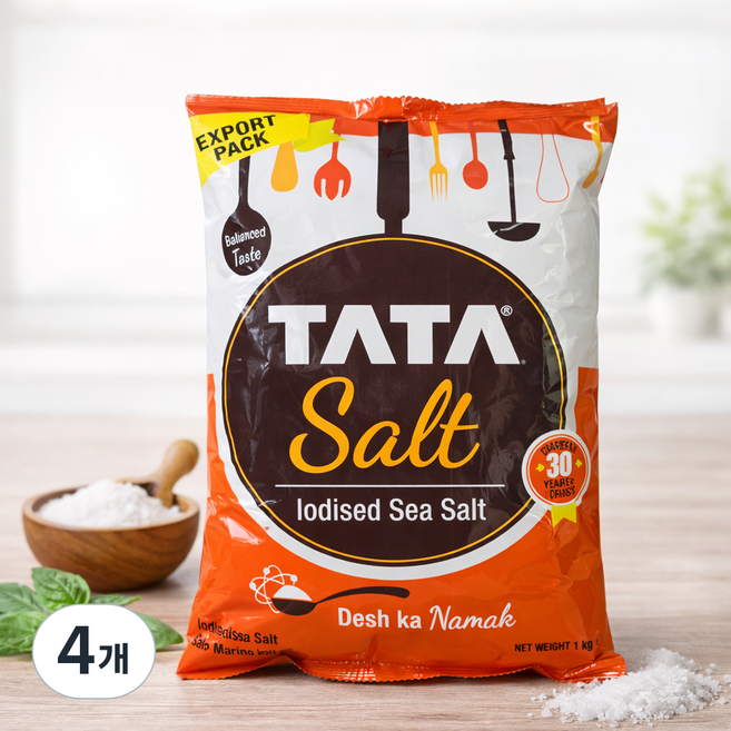 TATA Iodised Sea Salt 타타 식용소금 정제소금 요리용 프리미엄, 4개, 1kg