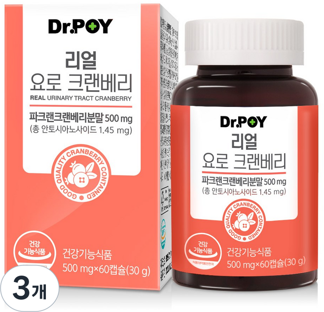 닥터포이 여성 방광염 크랜베리 식약처 인정 요로건강 23가지 부원료 함유 요로 기능성 인정 리얼 파크랜 크랜베리 개별 인정형 원료, 60정, 3개