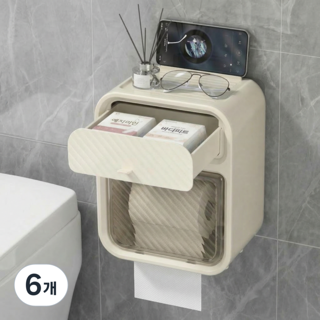 상덕 욕실 벽걸이 휴지 케이스 무타공 방수 화장실 티슈 보관함 선반 수납 휴지걸이, 6개, 아이보리
