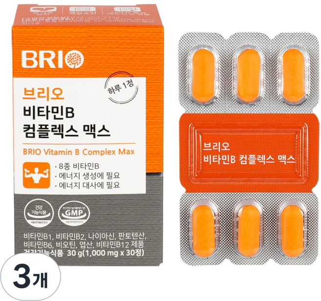 비타민B 컴플렉스 30일분 / 고함량 활성 비타민B군 / 비타민 B1 B2 B3 B5 B6 B7 B9 B12 비오틴 판토텐산 나이아신 엽산 영양제, 3개, 30정
