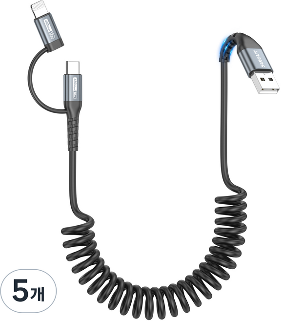 SUNGUY 2in1 A to C타입/아이폰 라이트닝 멀티 고속 충전 케이블 480Mbps MFI 인증, 5개, 그레이, 1.8m