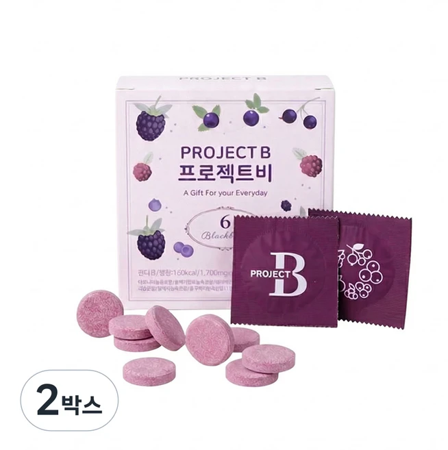 [블랙베리 6종+낙산균+비타민C] 프로젝트비 고농축 츄어블 장 건강 이너뷰티 씹어먹는 영양제, 2박스, 32정 - 쿠팡