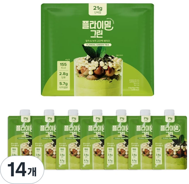 플라이밀 단백질 쉐이크 그린 파우치 녹차 말차 라떼 맛, 45g, 14개 - 쿠팡