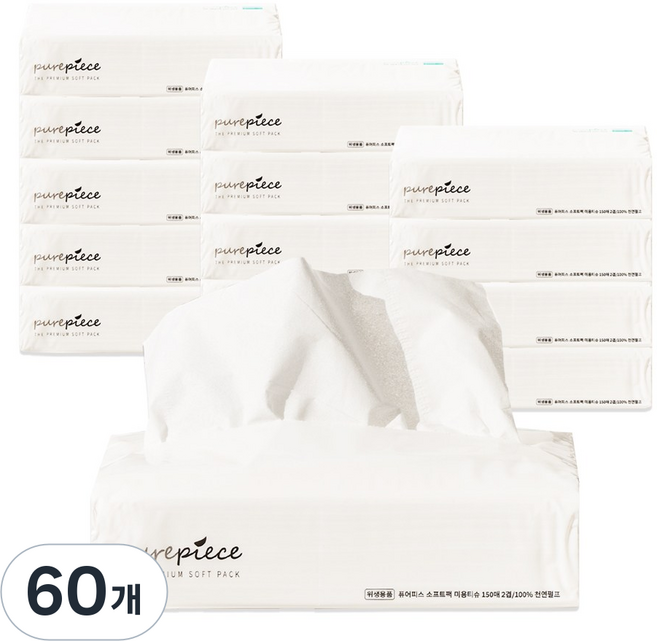 퓨어피스 먼지없는 뽑아쓰는 팝업티슈 150매입 소프트팩 미용티슈 비염티슈, 60개