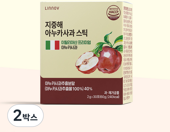 리노브 지중해 아누카사과 스틱 30포 1개월 프로시아니딘B2 비오틴 맥주효모 검정콩 이탈리아산 아누카, 2박스, 30회분