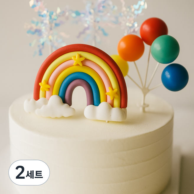 케이크 토퍼 데코픽 벌룬 풍선 토퍼 무지개 생일파티 꾸미기 무지개토퍼, 2세트, 무지개 혼합