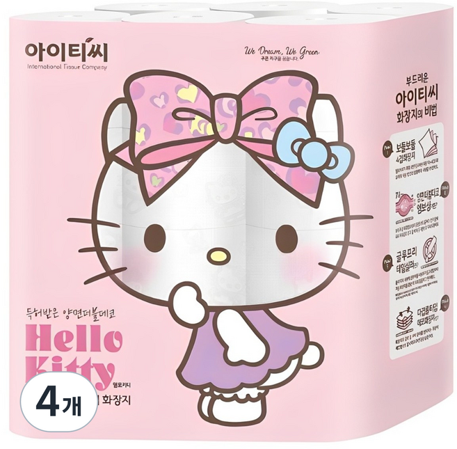 ITC 헬로키티 핑크리본 화장지 4겹, 20m, 24롤, 4개