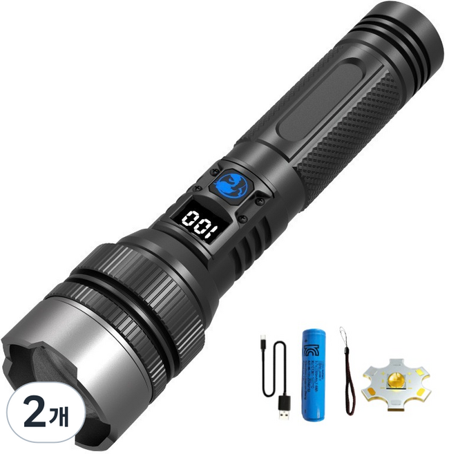 Eclairex 초강력 led 손전등 고휘도 줌 서치라이트 충전식 후레쉬 5500mAh, 블랙, 2개