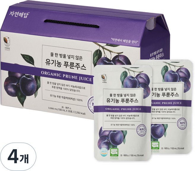 자연해답 유기농 푸룬 NFC 착즙액 주스 100%, 4개, 3L