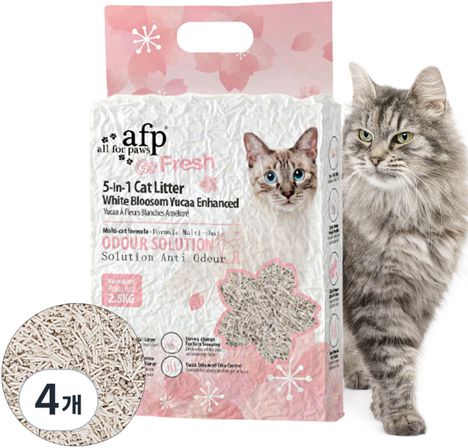 [신상출시!]All For Paws 고양이 5in1 혼합 두부모래 백차유카 탈취 1.5mm 가는입자 변기에 버리는 먼지없는 모래, 벚꽃향, 4개, 6L