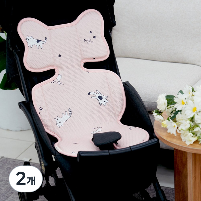 라인하우스 아기 아동 유아 3D 에어메쉬 순면 이너시트 카시트 유모차 라이너, 2개, 핑크캣