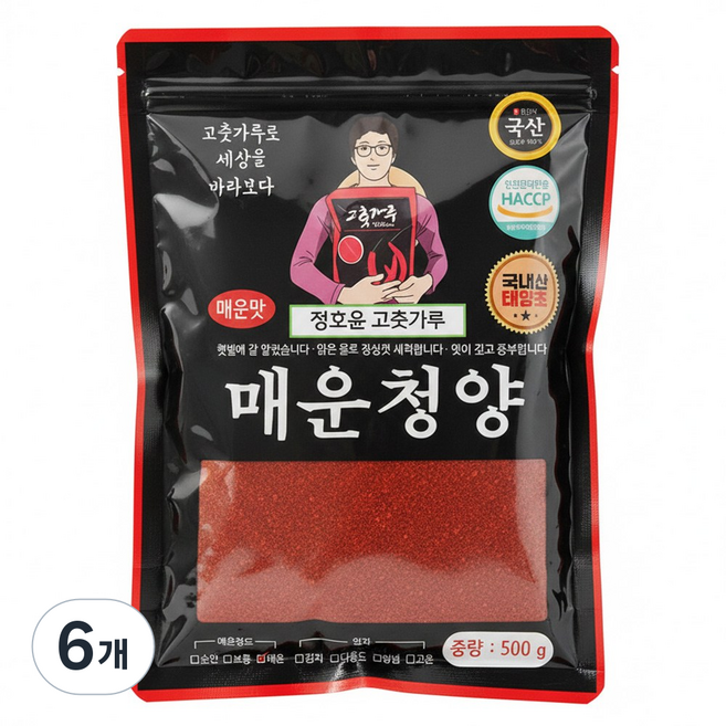 정호윤 고춧가루 태양초 매운 청양 고운고추가루, 6개, 500g