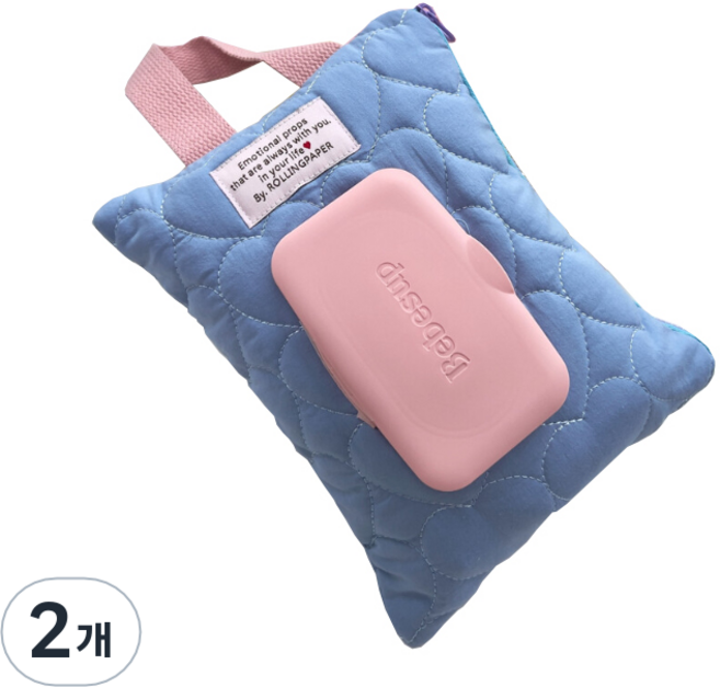롤링페이퍼 러블리 물티슈 가방 케이스 누빔 티슈보관 패브릭 커버, 2개, 베이비 블루