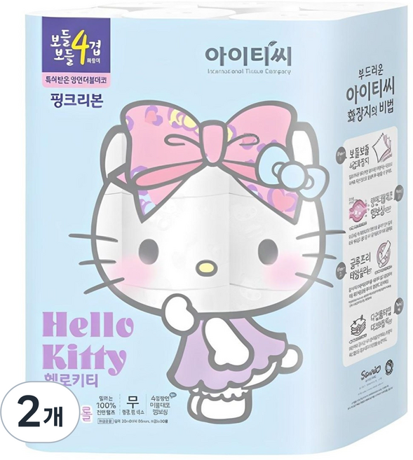 헬로키티 4겹 핑크리본 더블 데코 롤화장지, 20m, 30롤, 2개