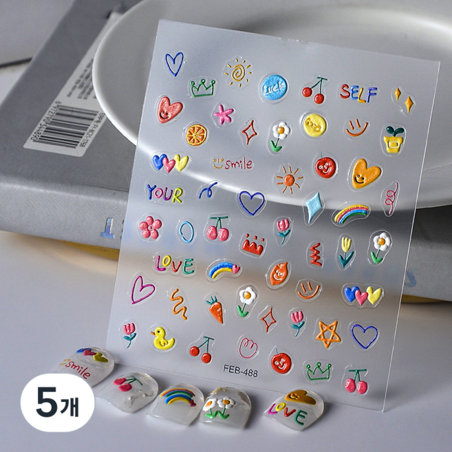 샵글로벌 DIY 화려한 엠보 네일아트 네일스티커 베어 스마일 하트 과일, 5개, feb488