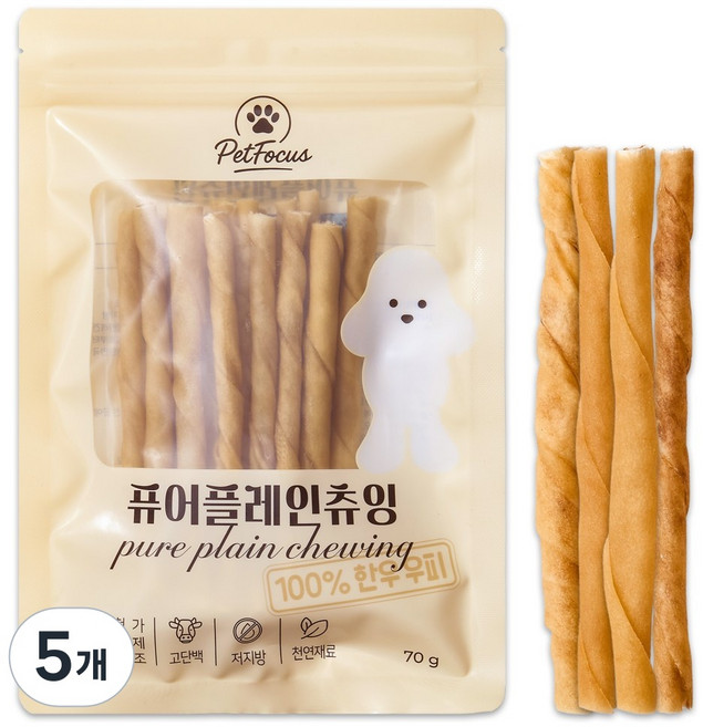펫포커스 한우우피껌 오래먹는 강아지껌 국내산 수제간식, 5개, 70g, 퓨어플레인츄잉