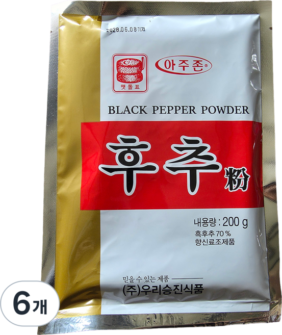 승진우리식품 아주존 멧돌표 분흑후추, 6개, 200g