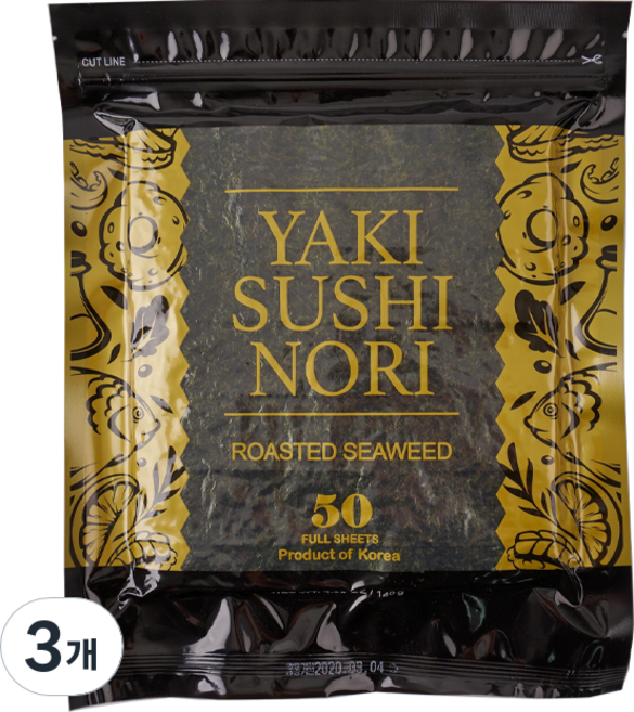 최고집 구운김밥김 (두꺼운 스시용 수출용) gold 50장 지퍼백(무조미), 3개