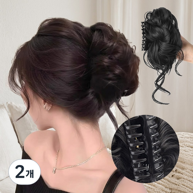 여성 똥머리 가발 집게핀 꽃봉오리 볼륨업 헤어피스 부분가발, 2개, 내추럴블랙