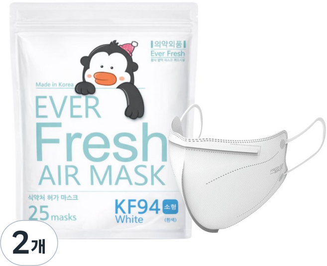 KF94 소형 에버프레쉬 에어 새부리형 어린이 마스크 지퍼백, 화이트, 2개, 25매입